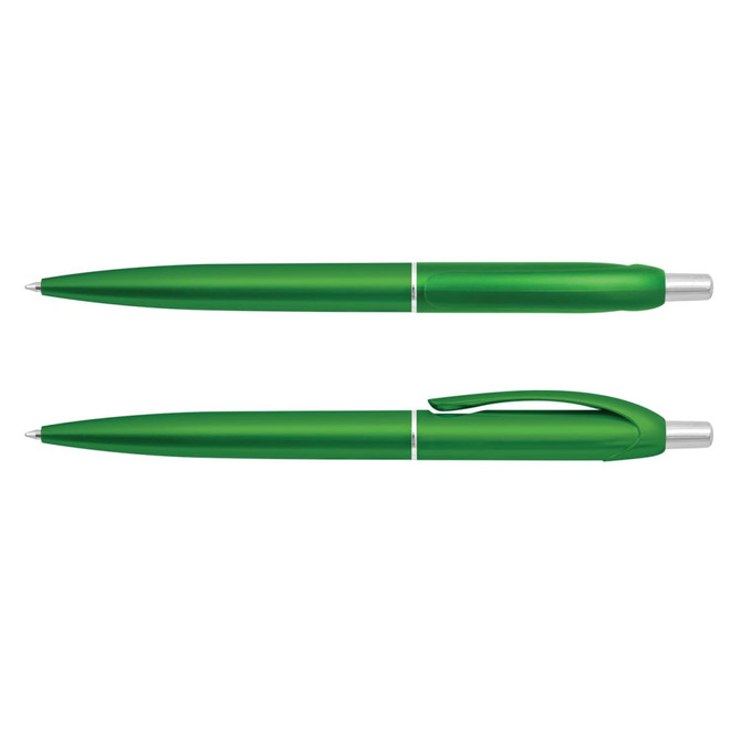 A set of green plastic pens, featuring a sleek design with a chrome clip and tip. The image includes branding.