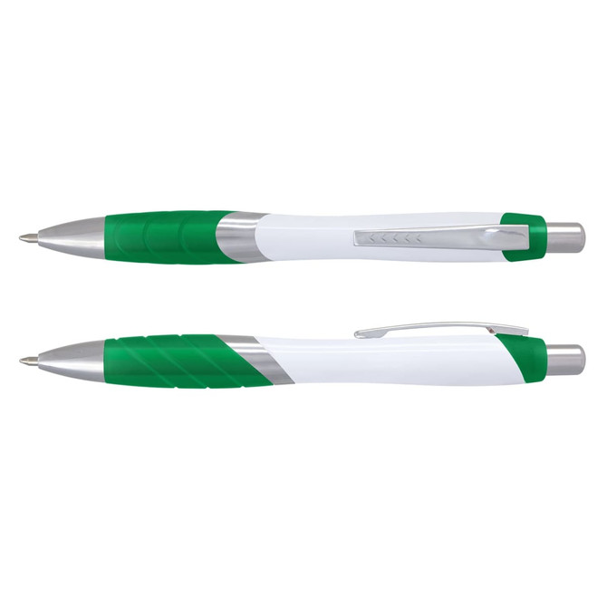 A white pen with green accents and a silver clip, featuring a textured grip and a logo.