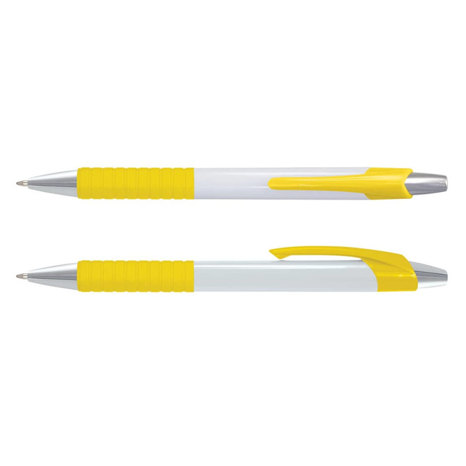 A white barrel pen with yellow accents, featuring a textured grip and a chrome tip, alongside a matching cap.