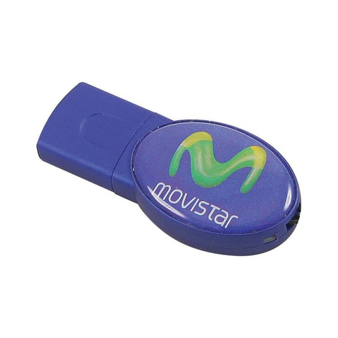 A blue flash drive with a circular design and a logo on the front.