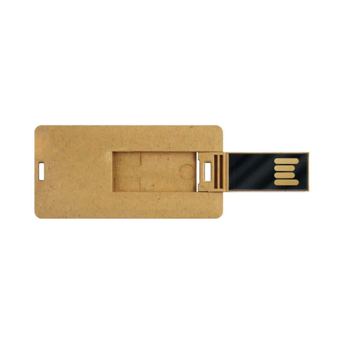 A Slimline Mini Eco Flash Drive in a natural wood finish with a retractable connector and a branding logo.