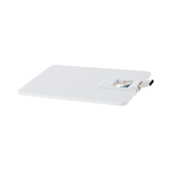 A white credit card-sized Type-C flash drive with a sleek, slim design and a hidden connector.