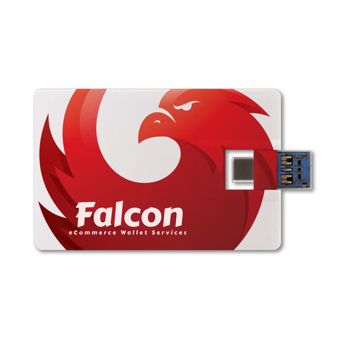 A credit card-sized Type-C flash drive in red and white featuring a logo with a bird design.