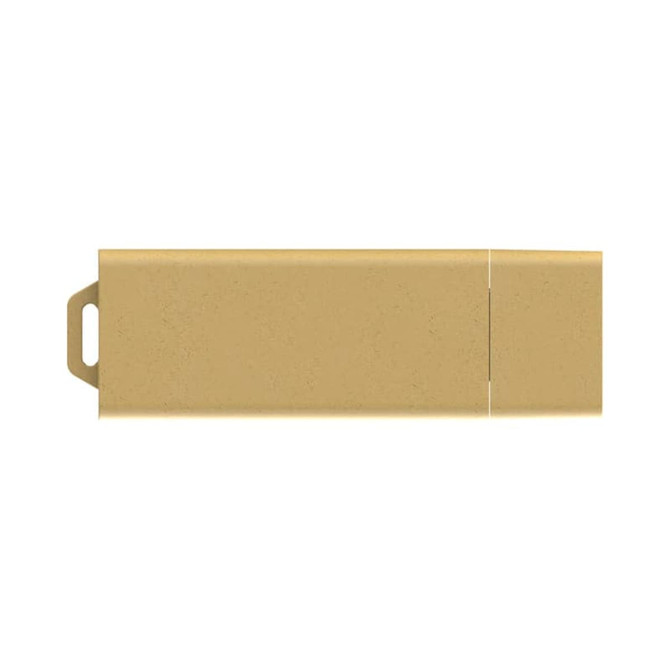 A gold eco-friendly LED flash drive with a simple design. It features a loop for attachment and has a branding logo.