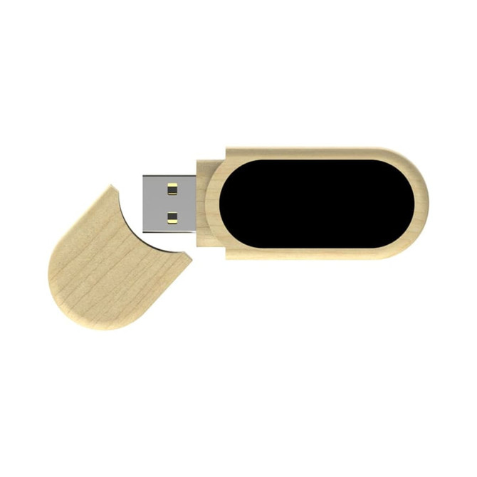 A wooden eco-friendly LED flash drive in a light wood colour, with a removable cap revealing the USB connector.