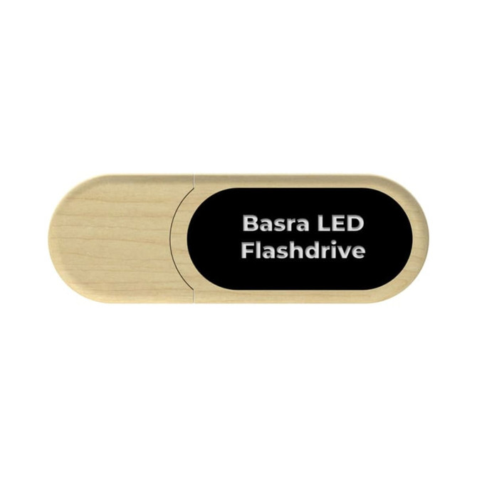 A wooden USB flash drive with a black panel featuring a logo or branding.