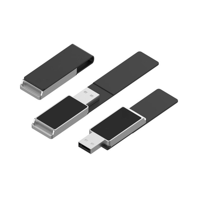 A sleek black Milan LED flash drive with a metallic clip and a concealed USB connector.