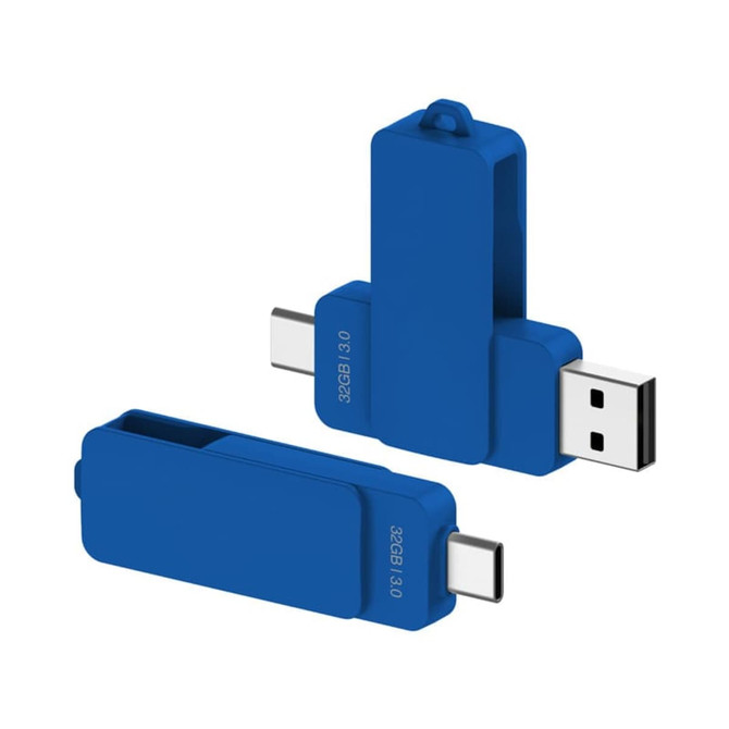 A blue Twister Type-C Flash Drive with a USB and Type-C connector, featuring a logo on the surface.