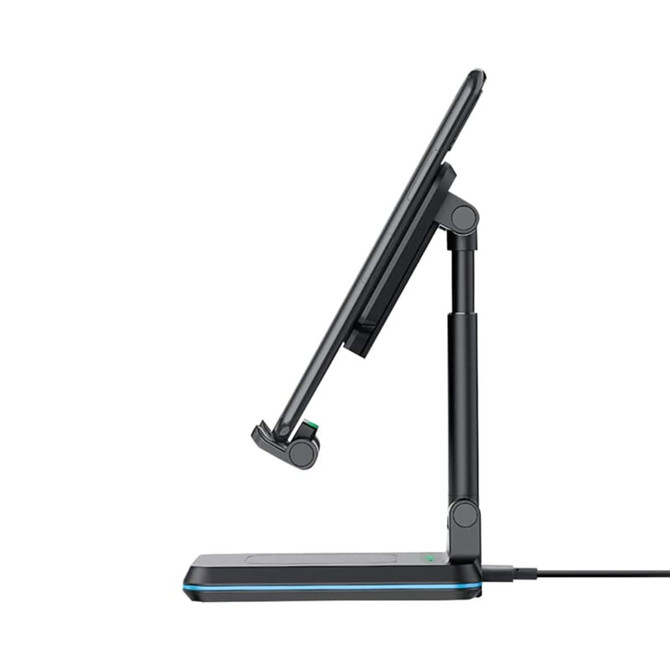 A foldable black wireless charging stand with adjustable height suitable for phones and tablets.