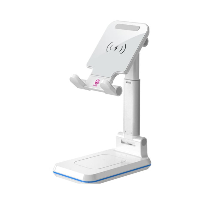 A foldable wireless charging stand in white with a blue base, featuring a slot for a phone and an integrated charging pad.