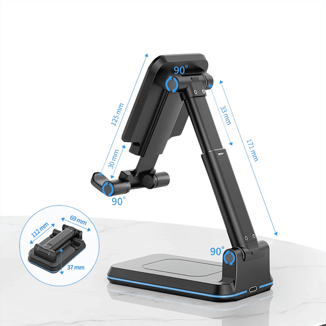 A foldable wireless charge stand in black, featuring adjustable angles and dimensions for convenience. It has a logo.