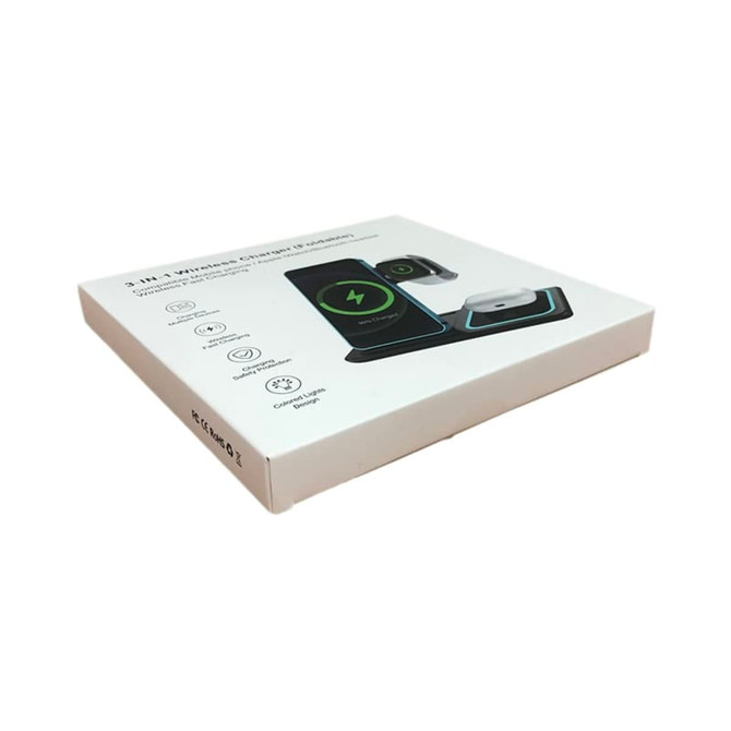 A box for a Camden 15W 3-in-1 fast wireless charger, featuring a black and green design.