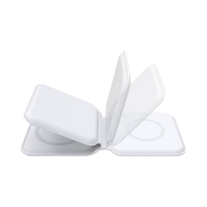 A white, foldable magnetic wireless charger with dual charging pads and a minimalist design. It includes a brand logo.