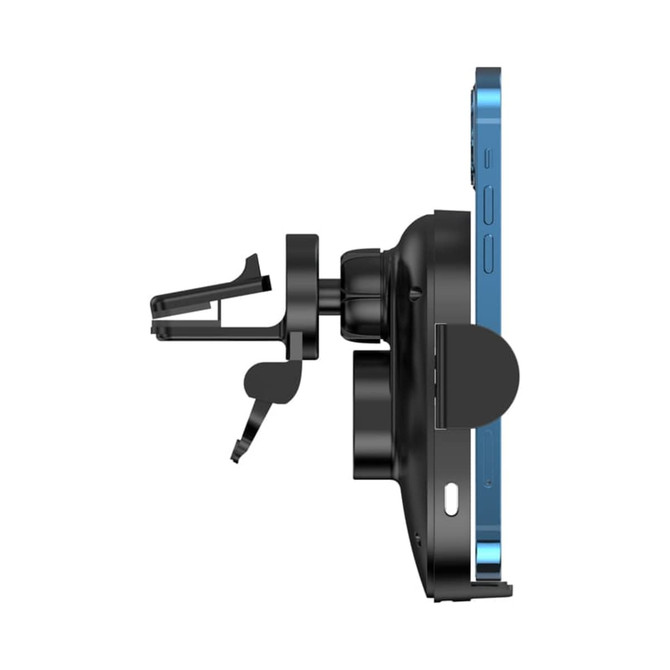 A car phone holder in black, featuring a clip mechanism, designed to securely hold a mobile device.