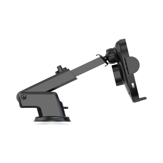 A black car phone holder featuring an adjustable arm and suction mount for easy attachment.
