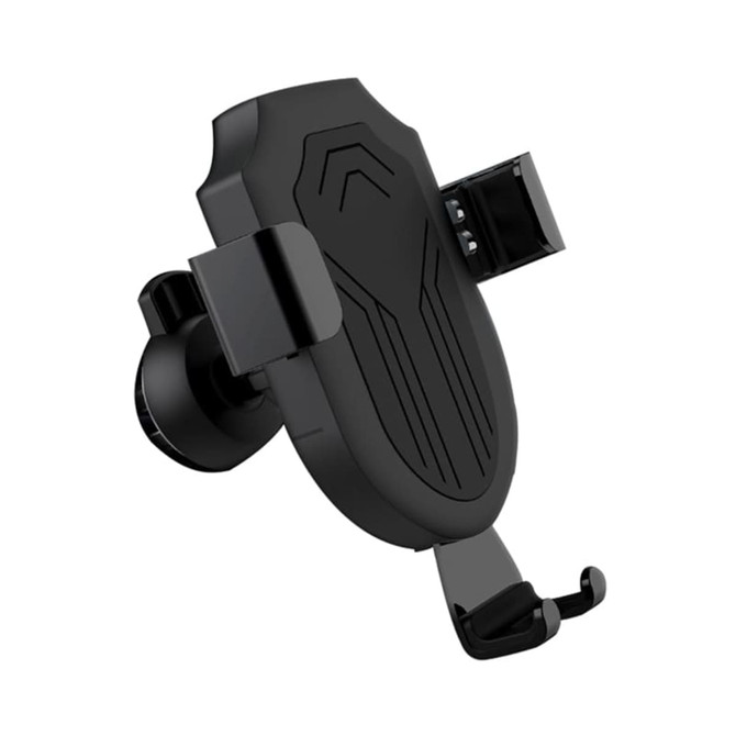 A black wireless car charger with a mount, featuring a sleek design and a logo.