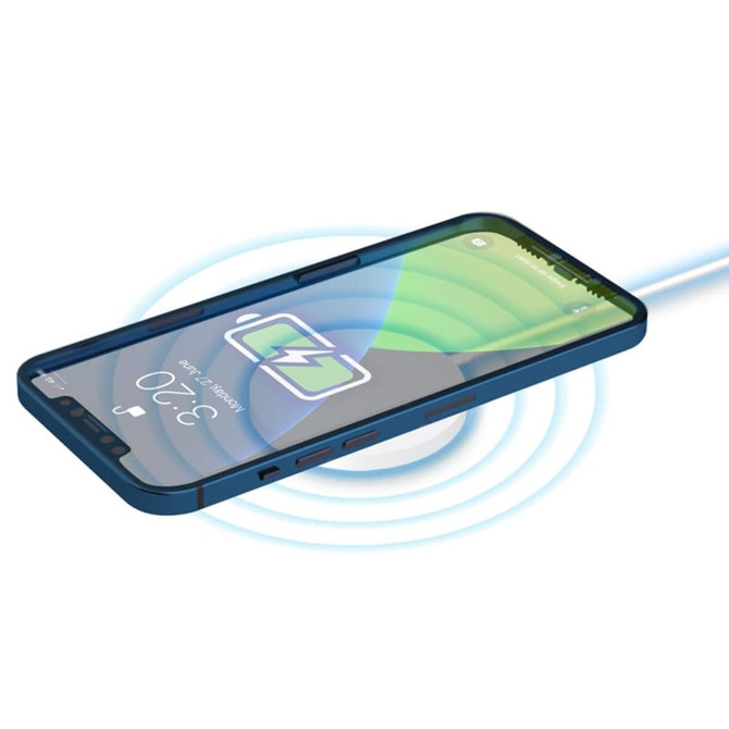 A wireless charger in blue, featuring a phone displaying a charging icon and waves indicating power transfer.