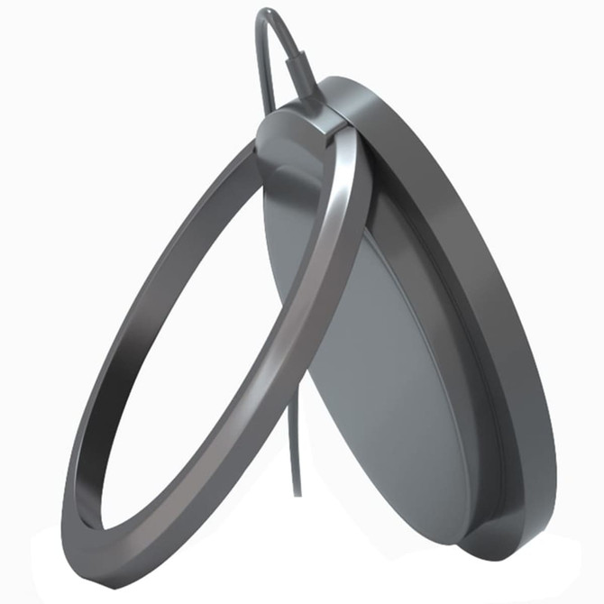 A grey magnetic wireless charge stand with a sleek design, featuring a round charging pad and ring holder.