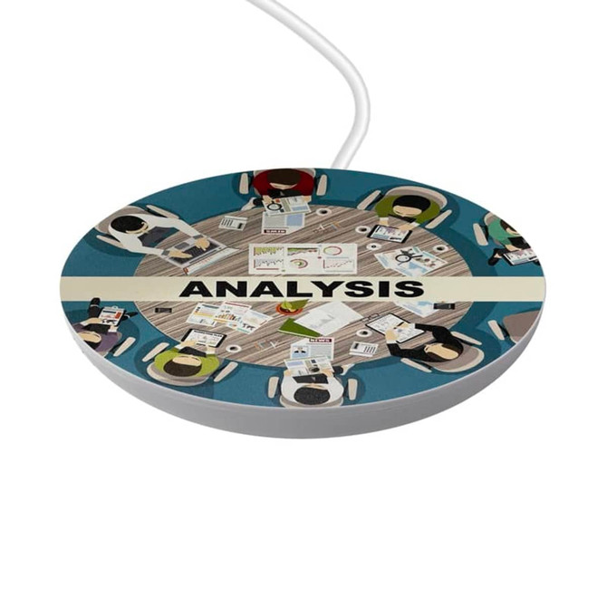 A round, white wireless charger featuring a colourful design of a collaborative workspace with various documents and notes.