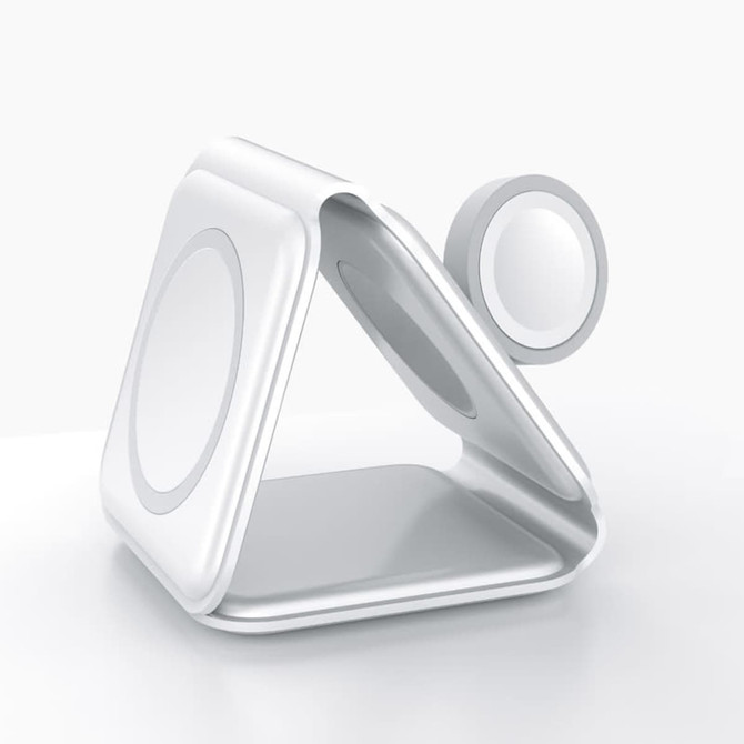 A white, triangular wireless charger with a magnetic attachment. Features a clean, modern design suitable for technology use.