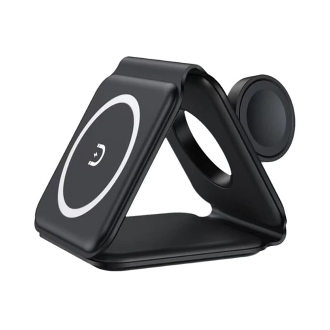 A black triangular wireless charger with a circular charging pad and a magnetic attachment for devices.