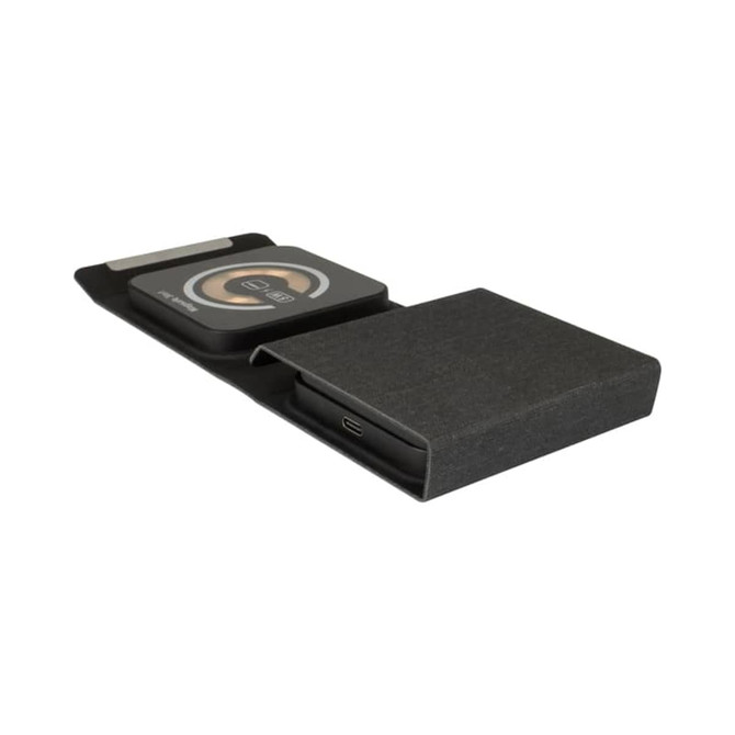 A sleek black wireless charger featuring a magnetic design, with a textured surface and a USB-C port.