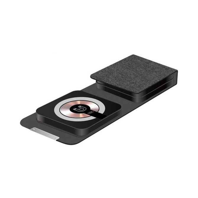 A black and grey Bellevue 3n1 Magnetic 15W Wireless Charger with a textured surface and a logo.