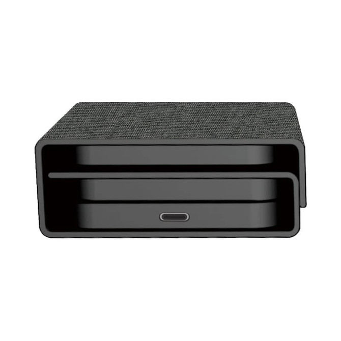 A black wireless charger with a textured finish, featuring a compact, modern design and a USB-C port.