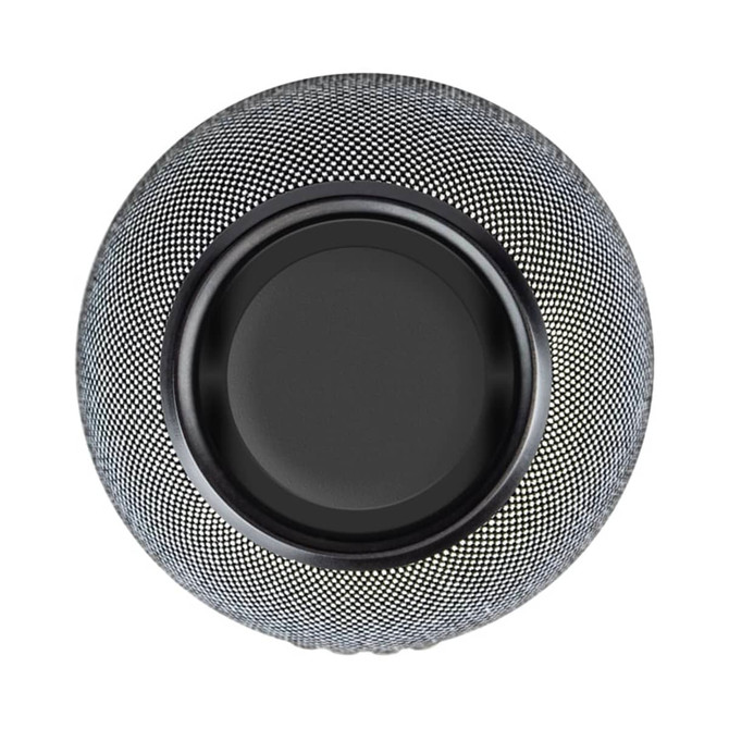 A spherical wireless charging speaker with a textured black and silver design, featuring a circular charging pad on top.