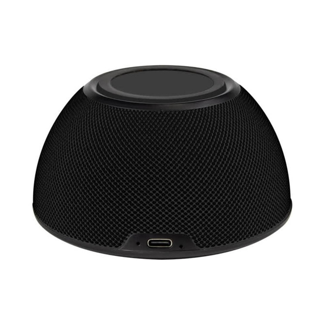 A black wireless charging speaker with a textured surface and a USB-C port at the base.