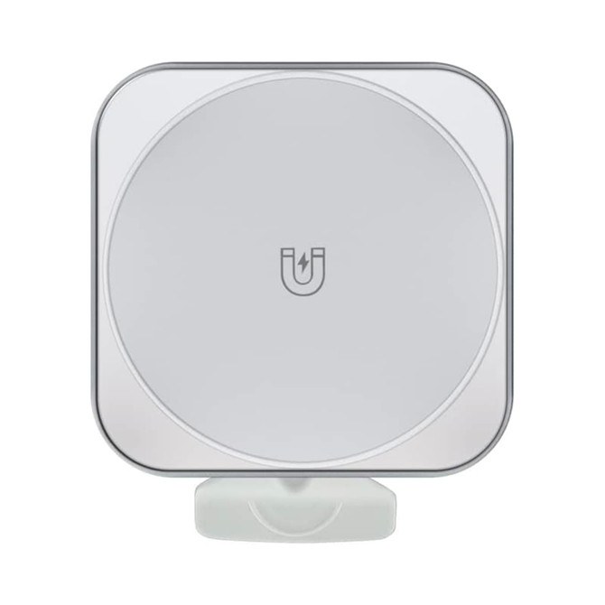 A magnetically-designed, square-shaped wireless car charger in a light grey finish, featuring a simple logo.