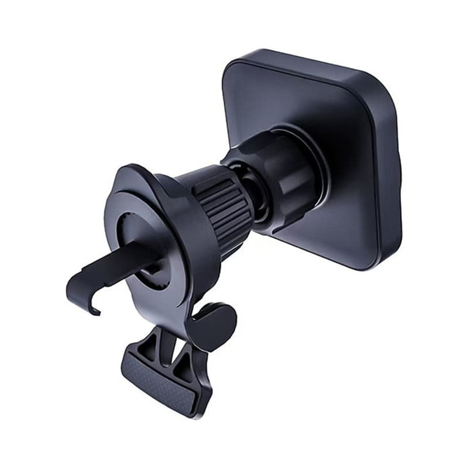 A black magnetic wireless car charger with a mounting clip, designed for easy attachment to a vehicle's interior.