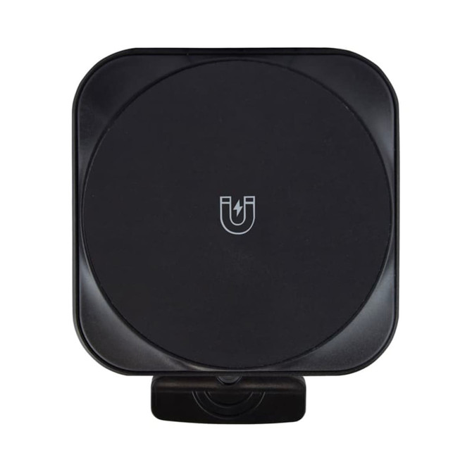 A black magnetic wireless car charger with a simple logo and a compact design.