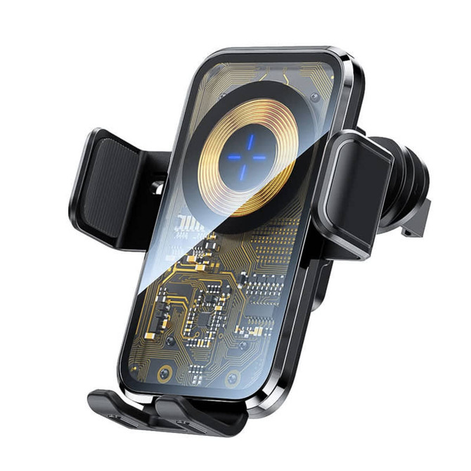 A black and gold wireless car charger with a minimalist design and a logo on the front.