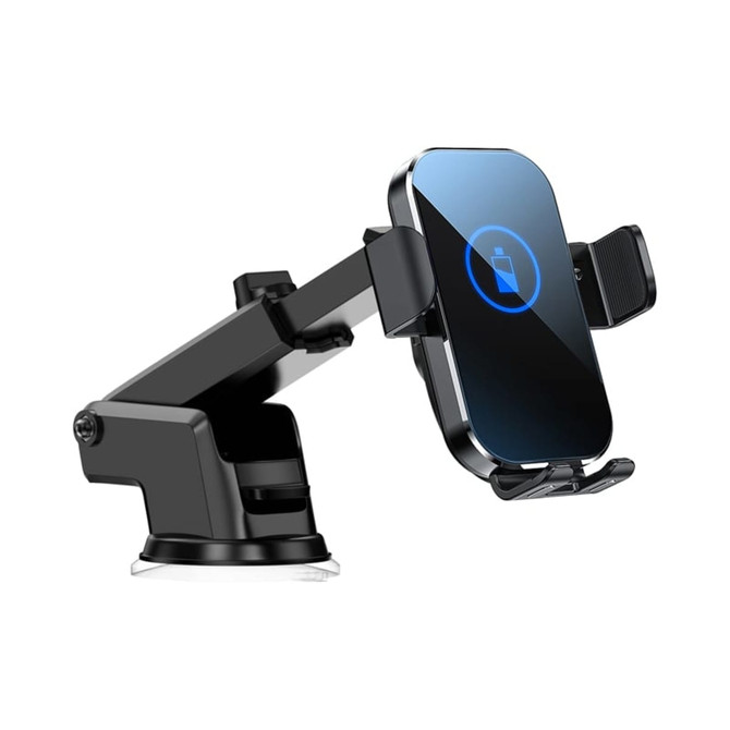 A black 15W fast wireless car charger with a sleek design and adjustable holder for phones.