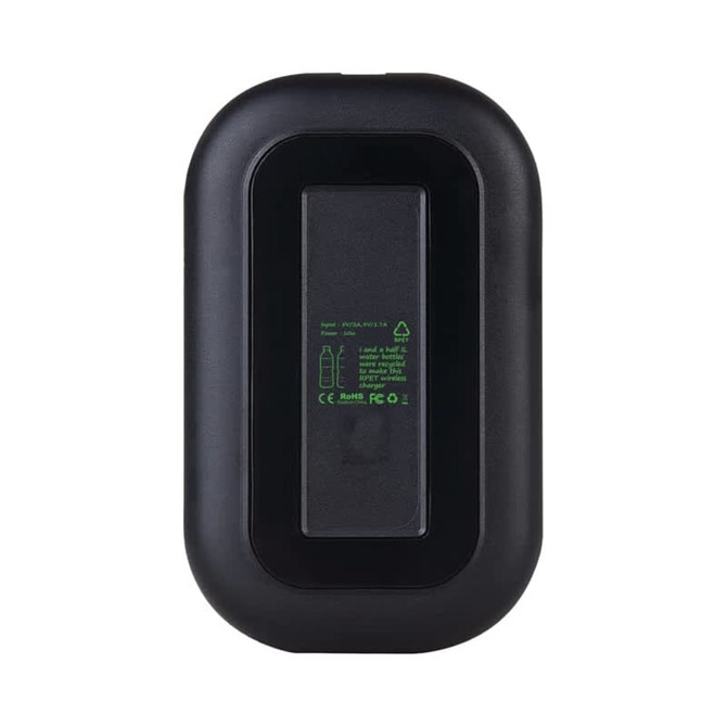 A black wireless charger featuring an integrated design and a logo on the surface.