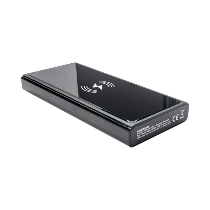 A black wireless power bank with a sleek design, featuring a logo and a smooth surface.