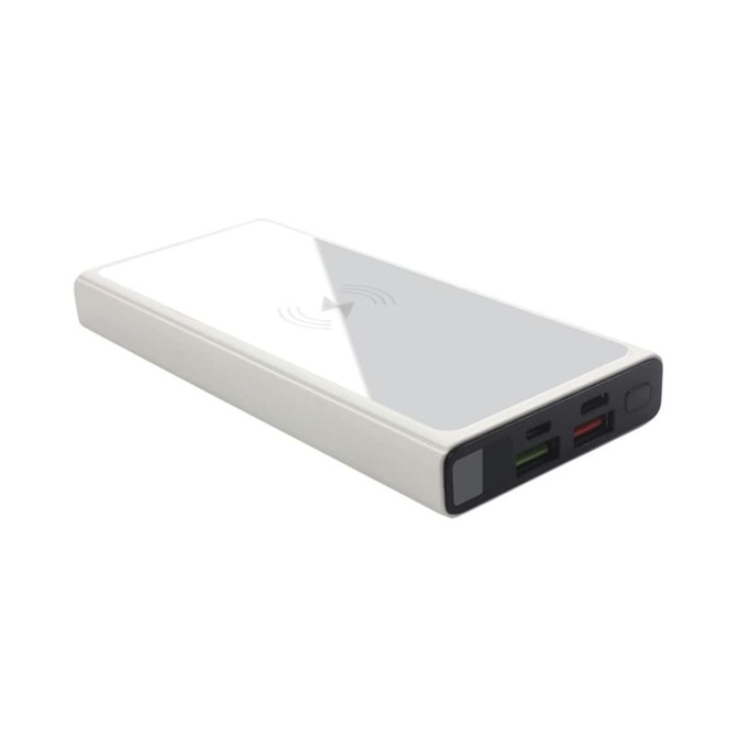 A white wireless power bank with a sleek design, featuring USB ports and a logo on the side.