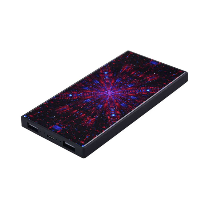 A black power bank featuring a vibrant, multicoloured patterned design. It has two USB ports and a logo.