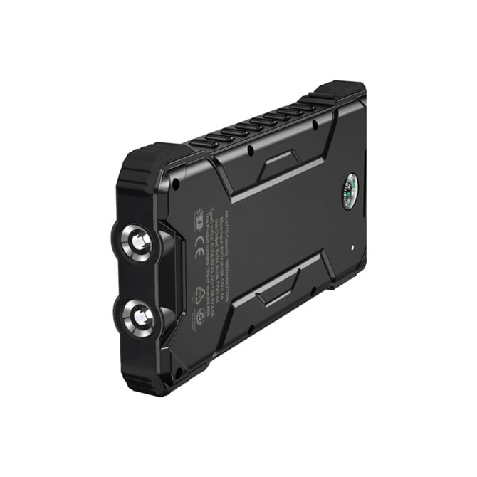 A black solar power bank featuring a rugged design, with two built-in flashlights and a compass.