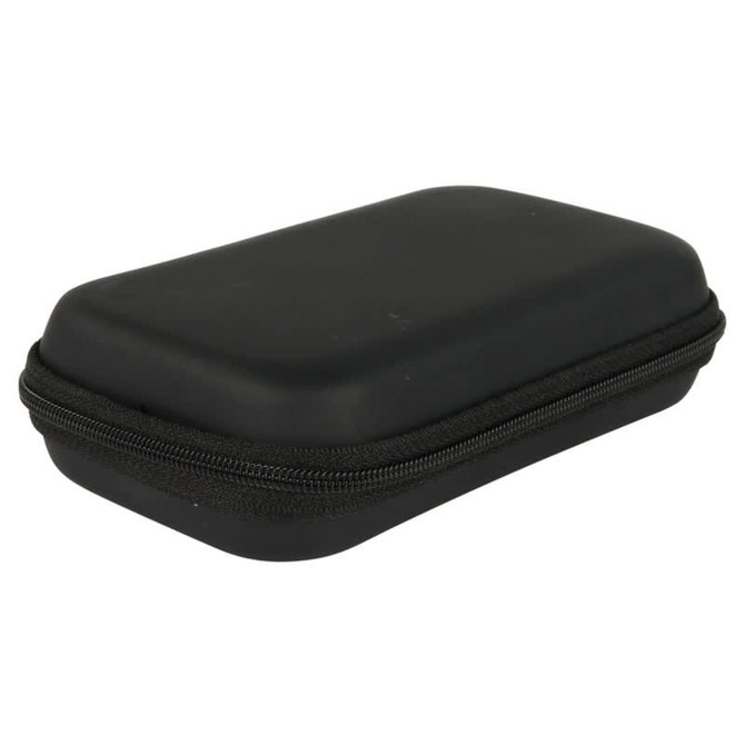 A black, hard-shell case with a zip closure, designed for storing small items or electronics.