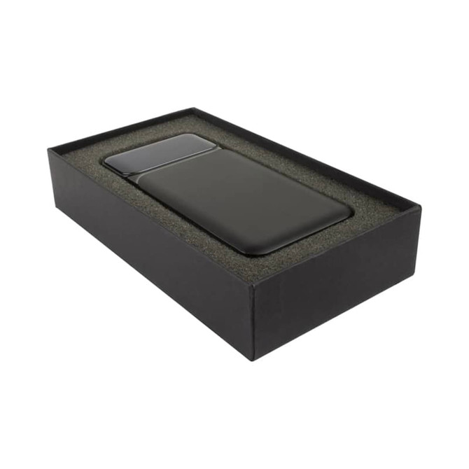 A dark green wireless power bank in a black presentation box, featuring a sleek design and branding.