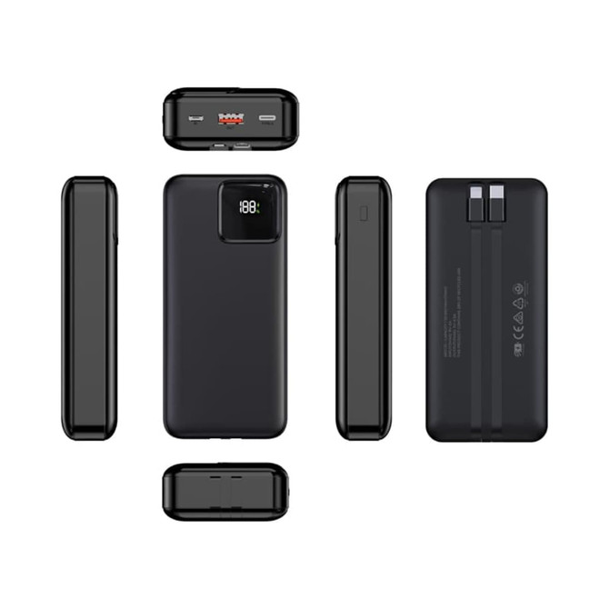 A black power bank featuring multiple angles, a digital display, and a logo. Capacity is 20,000 mAh.