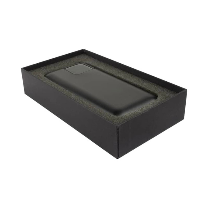 A black power bank in a sleek black box with a foam insert, featuring a logo on the device.