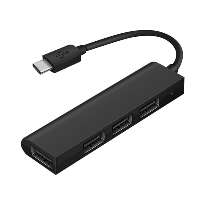 A black USB hub with one Type-C connector and three USB-A ports, featuring a simple and sleek design.