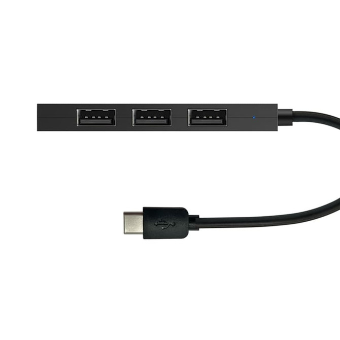 A black USB hub with three USB-A ports and a Type-C connector. It features a sleek, minimalist design.