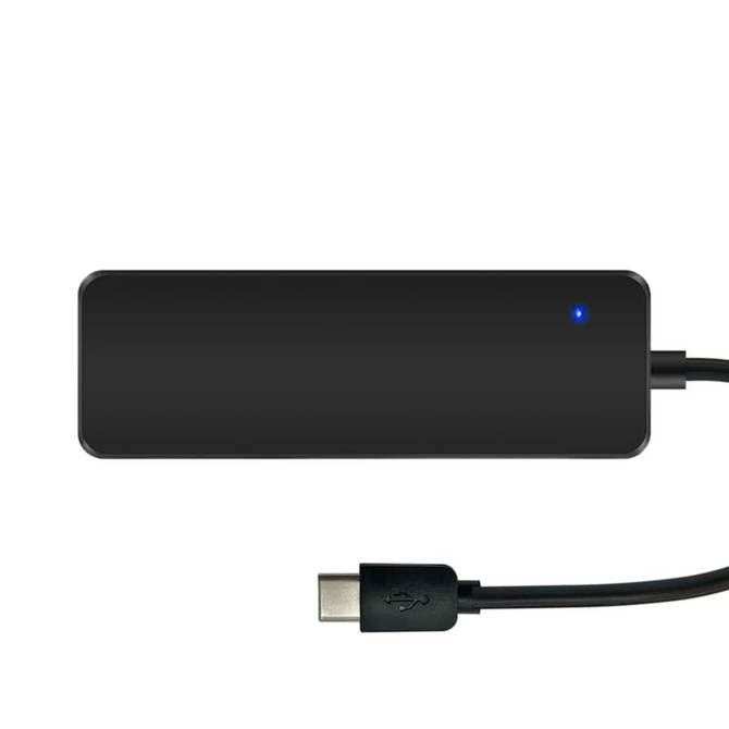 A black USB hub featuring USB Type-C and USB Type-A ports, with a blue indicator light and connecting cable.