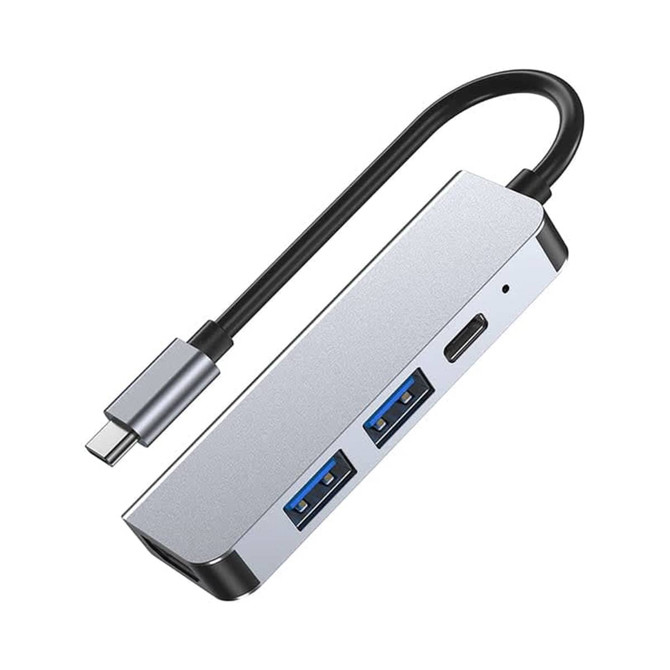 A silver USB Type-C hub with two USB 3.0 ports and a connected cable. It features a sleek design and branding.