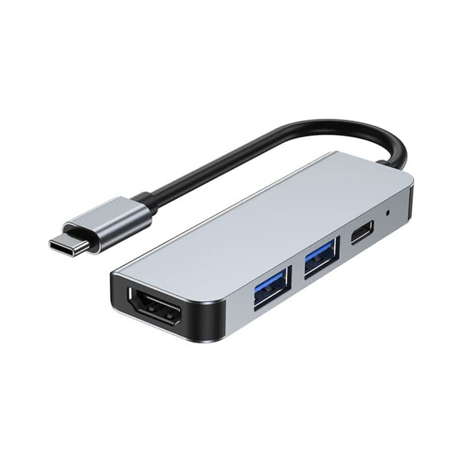 A silver Type-C hub with multiple USB ports and an HDMI output, featuring a sleek design and a short cable.