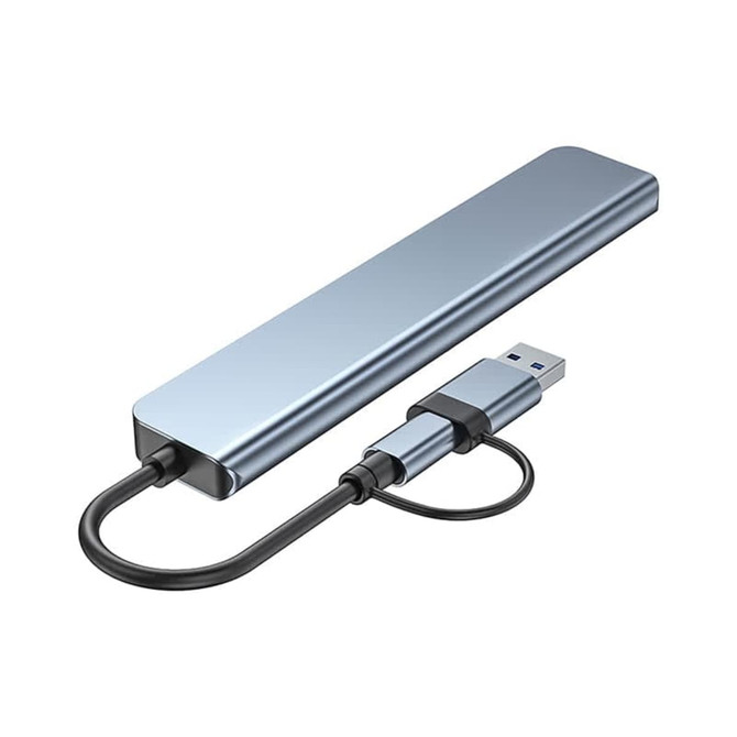 A silver USB hub with a Type-C and Type-A connector. It has a sleek, rectangular design.